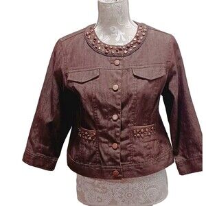 Ruby Rd Brown Bead Embellished  Women's Button Up Jacket Size 10P